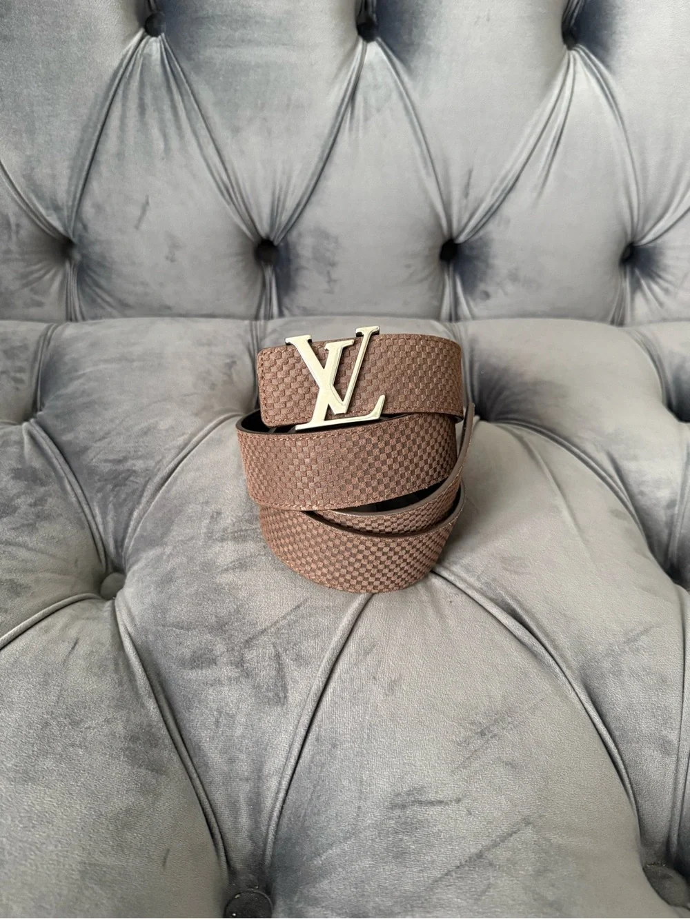 Louis Vuitton Brown Suede Damier-Pattern LV Silver Buckle Belt